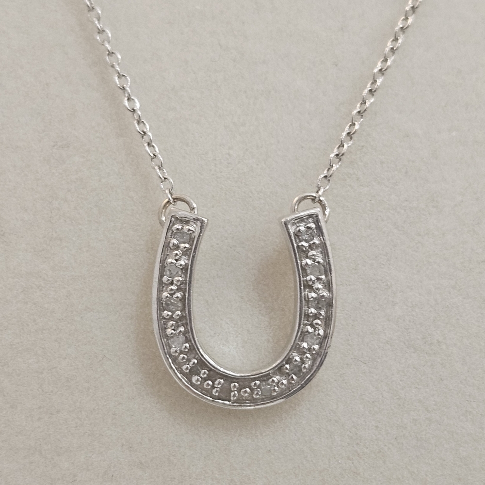 Diamond Horseshoe 925 M/C Sterling Silver Pendant Necklace 16"
